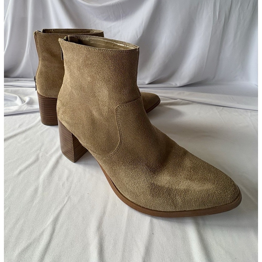 Saks Fifth Avenue Tan Suede Ankle Boots Block Heel Pointed Toe Size 7M / 37‎